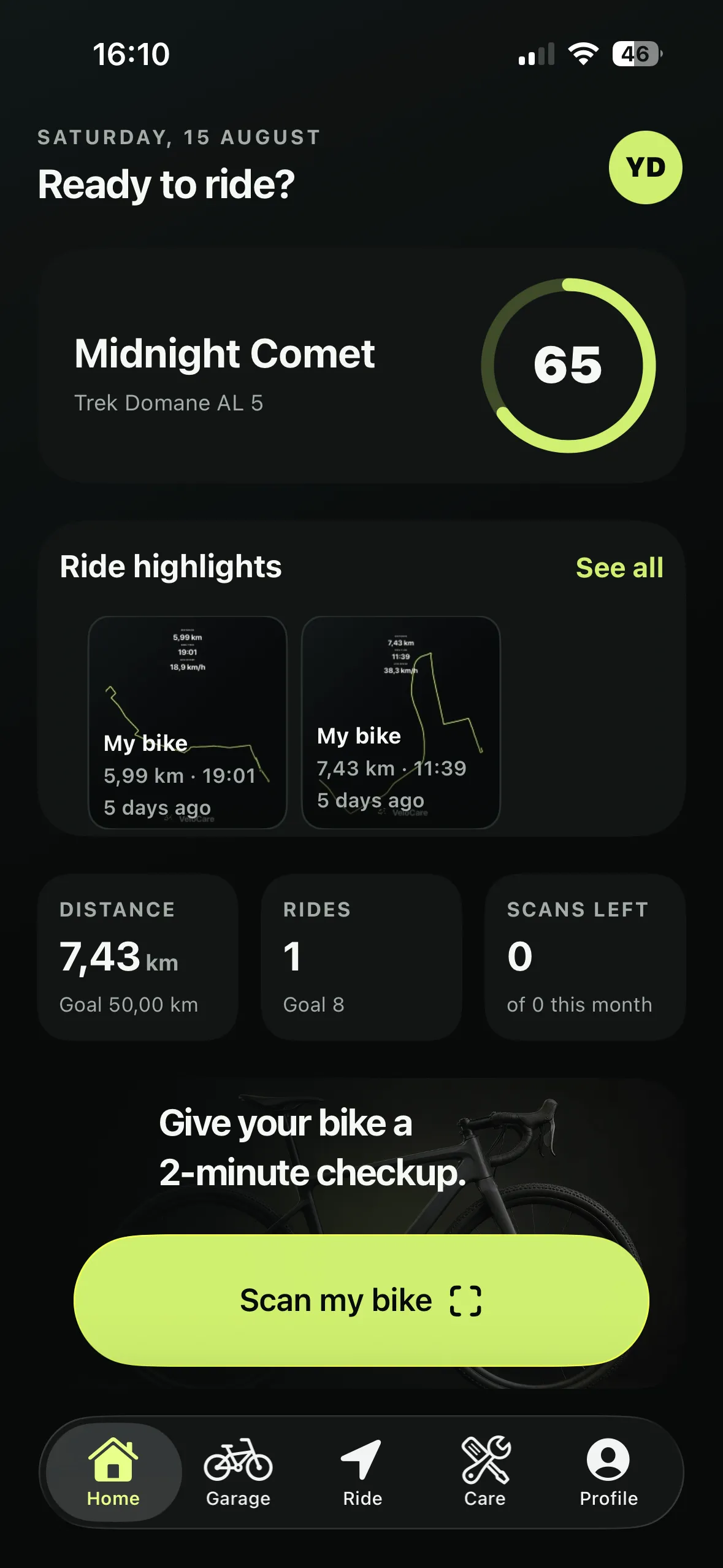 VeloCare home screen
