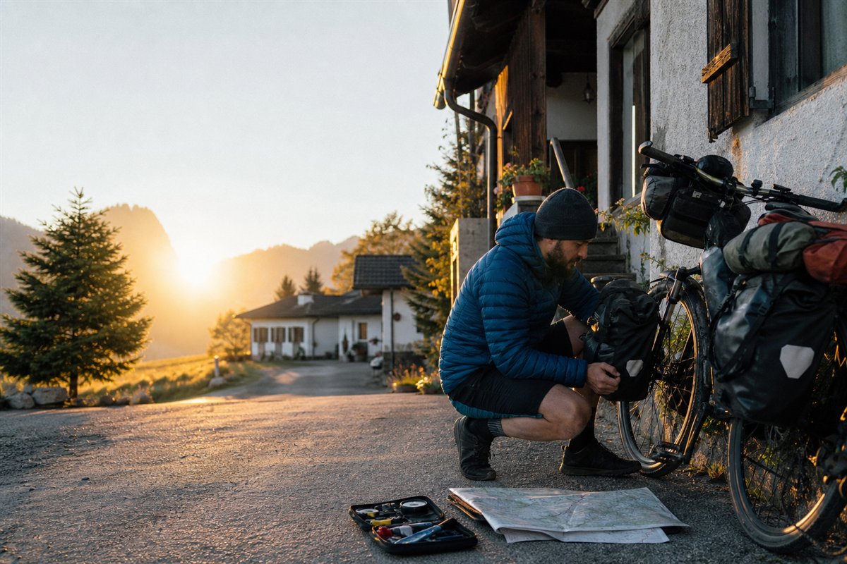 A cyclist checking tires and controls before a longer ride