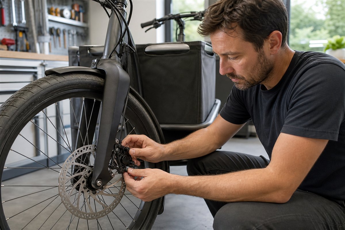 A modern bicycle disc brake undergoing a detailed inspection