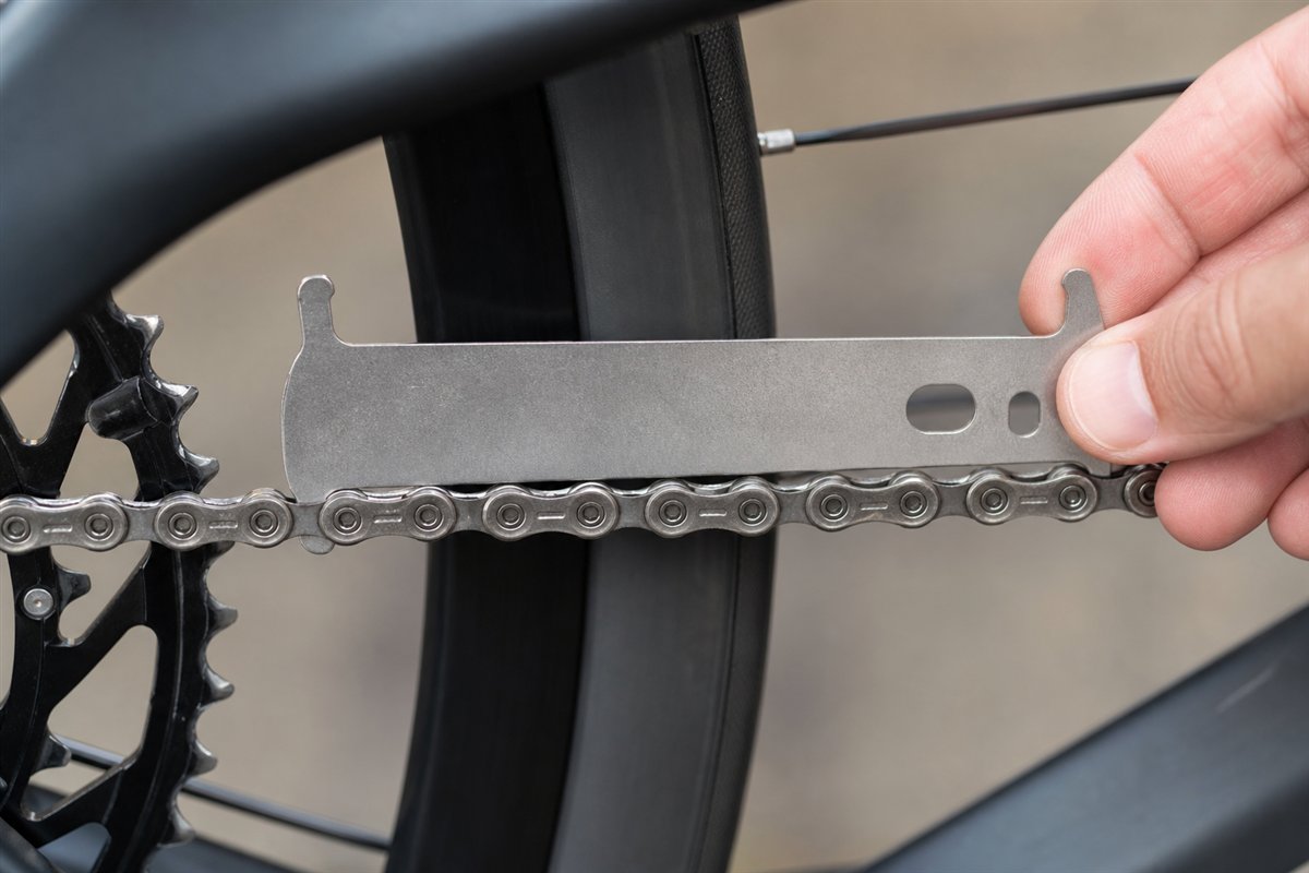 A bicycle chain being measured with an unbranded metal wear gauge