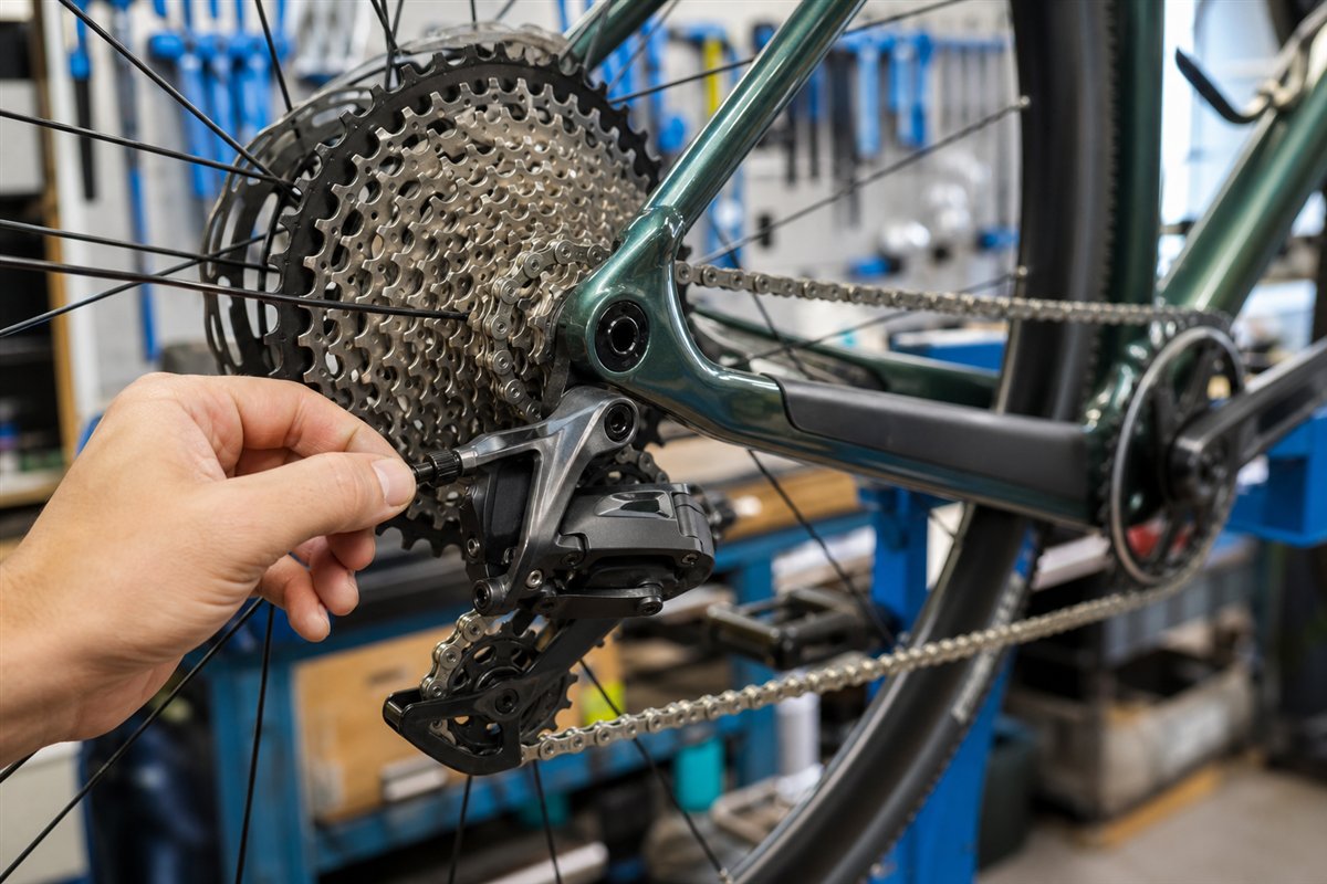 A close view of a bicycle chain, cassette, and rear derailleur