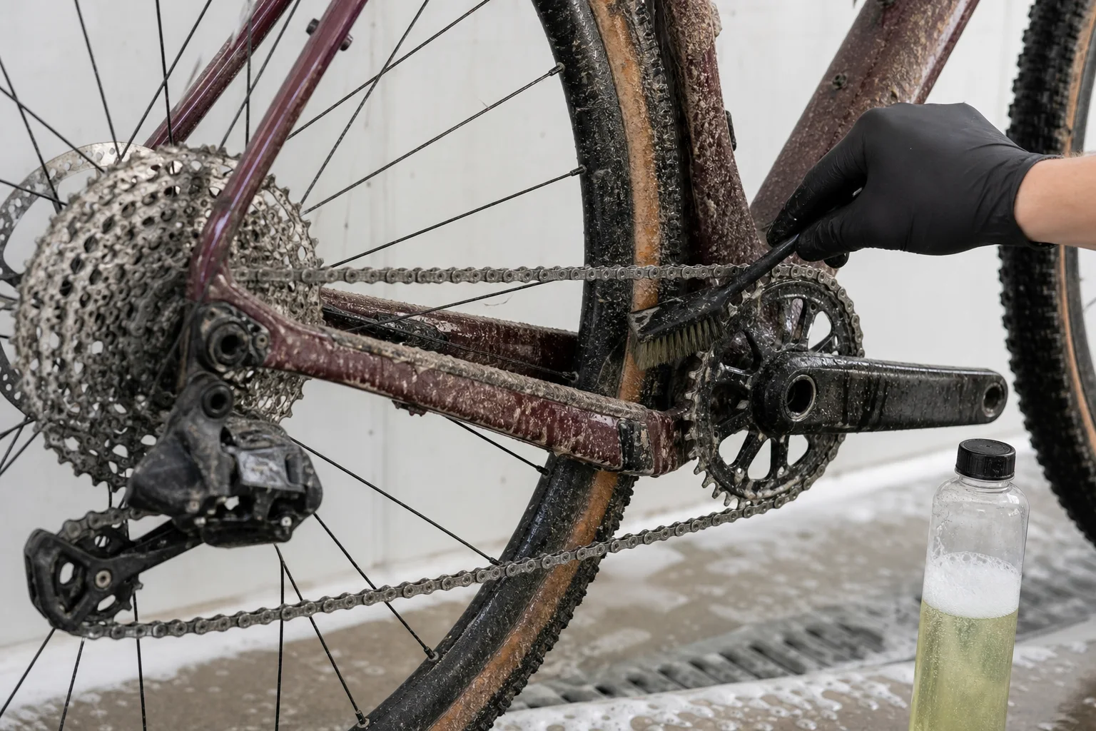 A muddy gravel bike drivetrain being cleaned with a narrow brush