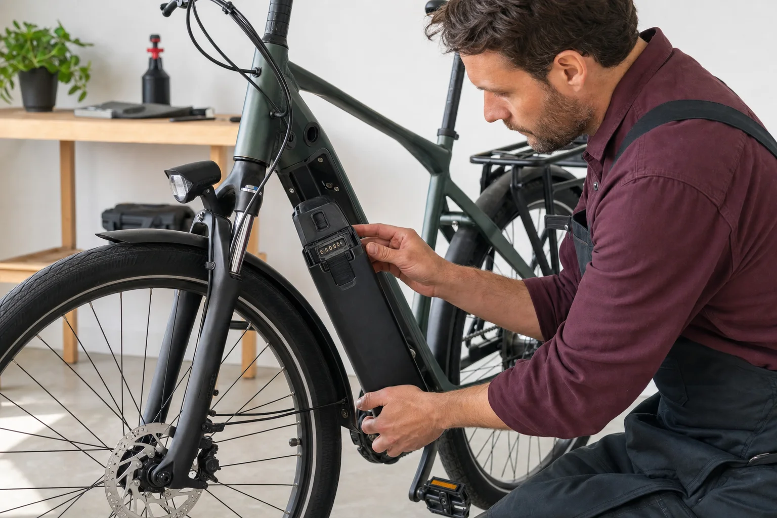 An intact e-bike battery and connector being visually inspected