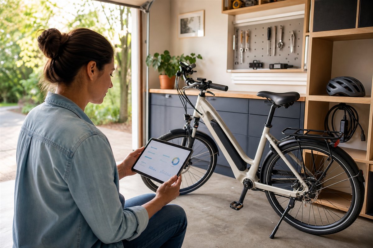 A mechanic inspecting the removable battery of a commuter e-bike
