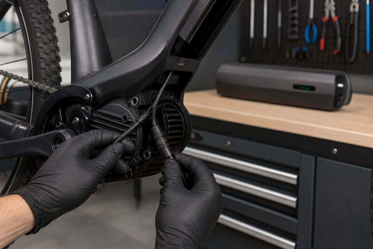 A commuter e-bike with its removable battery being inspected