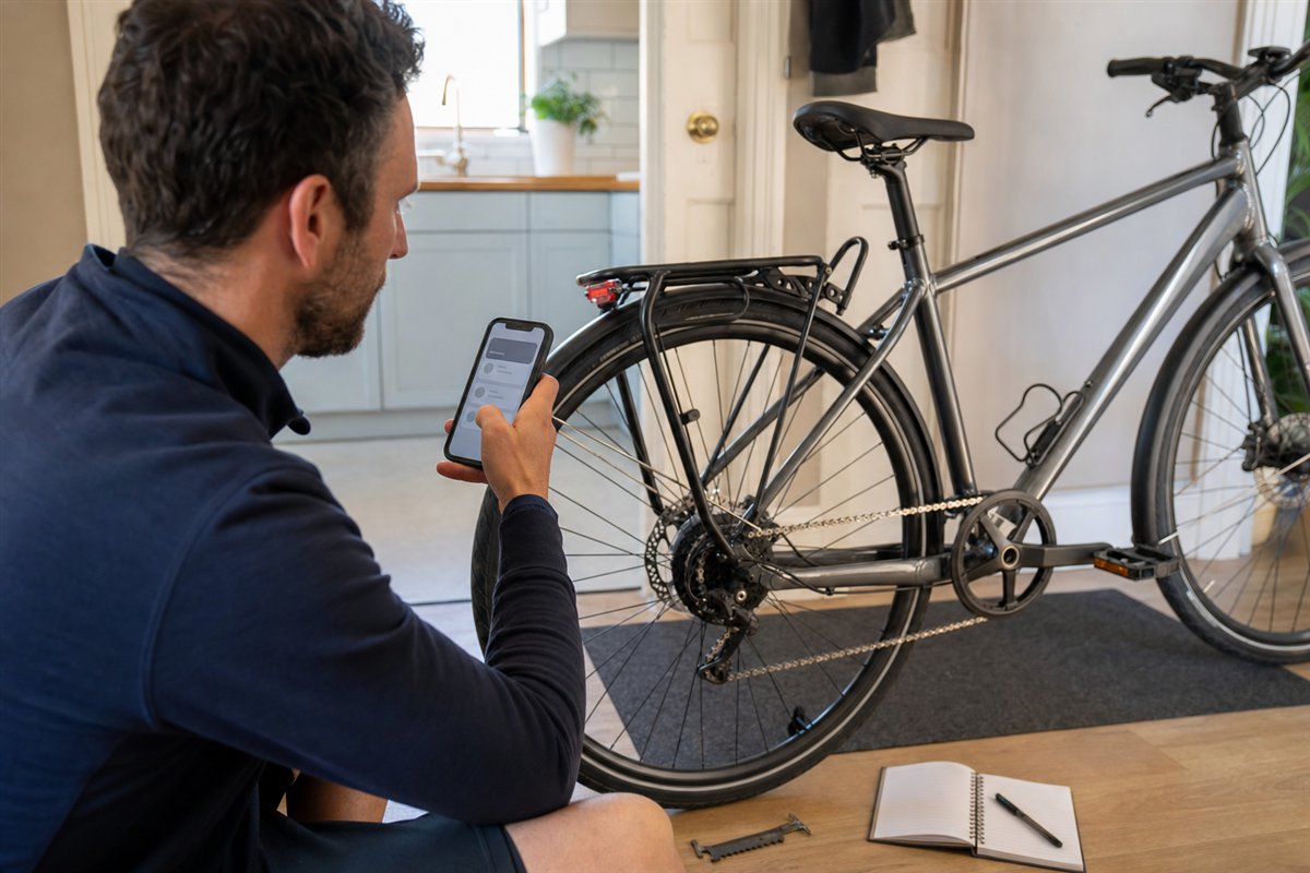 A bicycle on a repair stand in a clean bright workshop