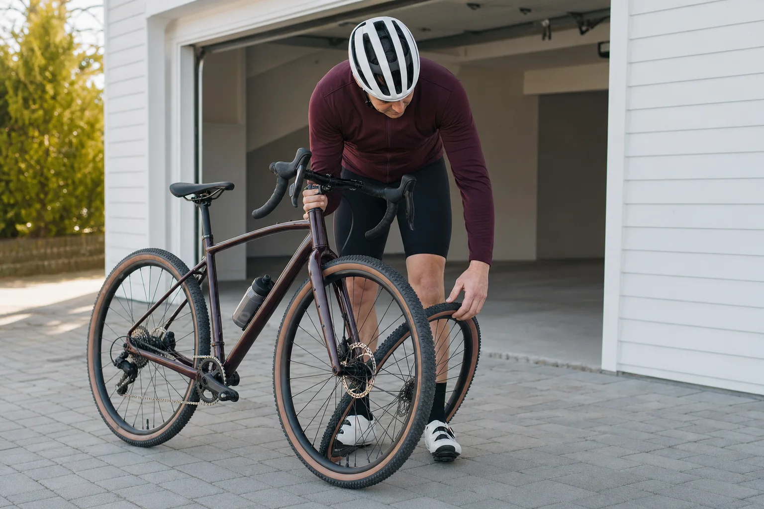 A helmeted cyclist checking a gravel bicycle before a ride