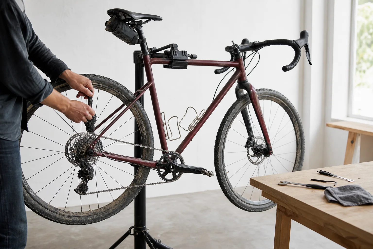 A well-used bicycle undergoing routine maintenance in a bright workshop