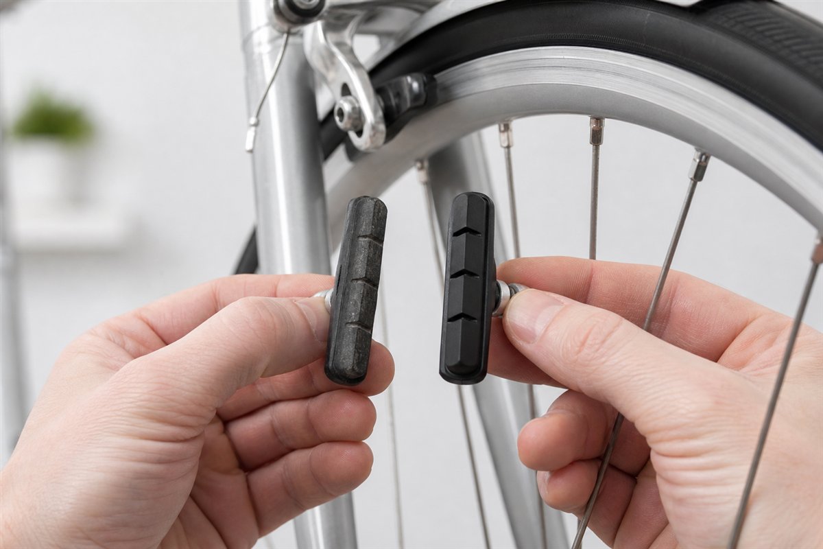 A mechanic using a light to inspect bicycle brake pad material
