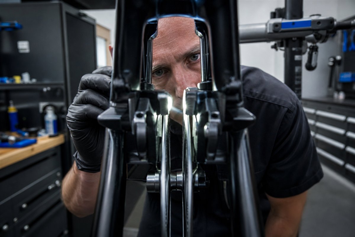 A bicycle disc brake caliper and rotor being inspected