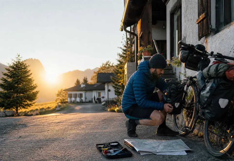A cyclist checking tires and controls before a longer ride