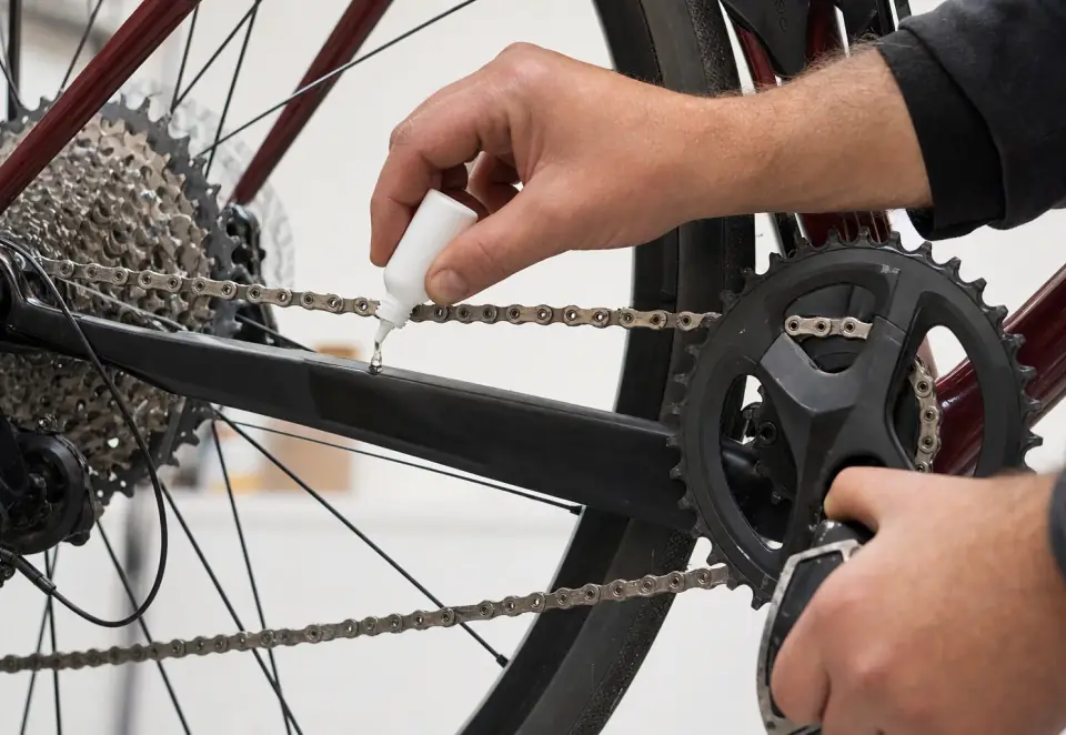 Lubricant being applied one drop at a time to a bicycle chain