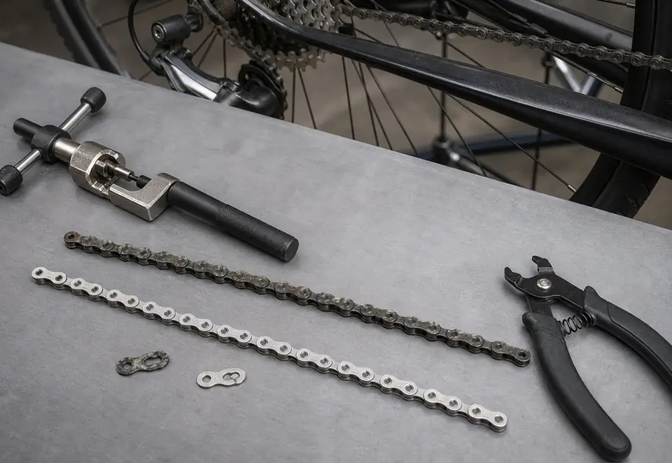 A metal chain wear tool measuring a bicycle chain