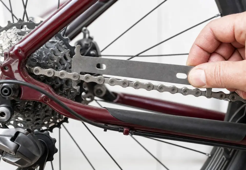 A bicycle chain on a heavy-duty drivetrain being checked for wear