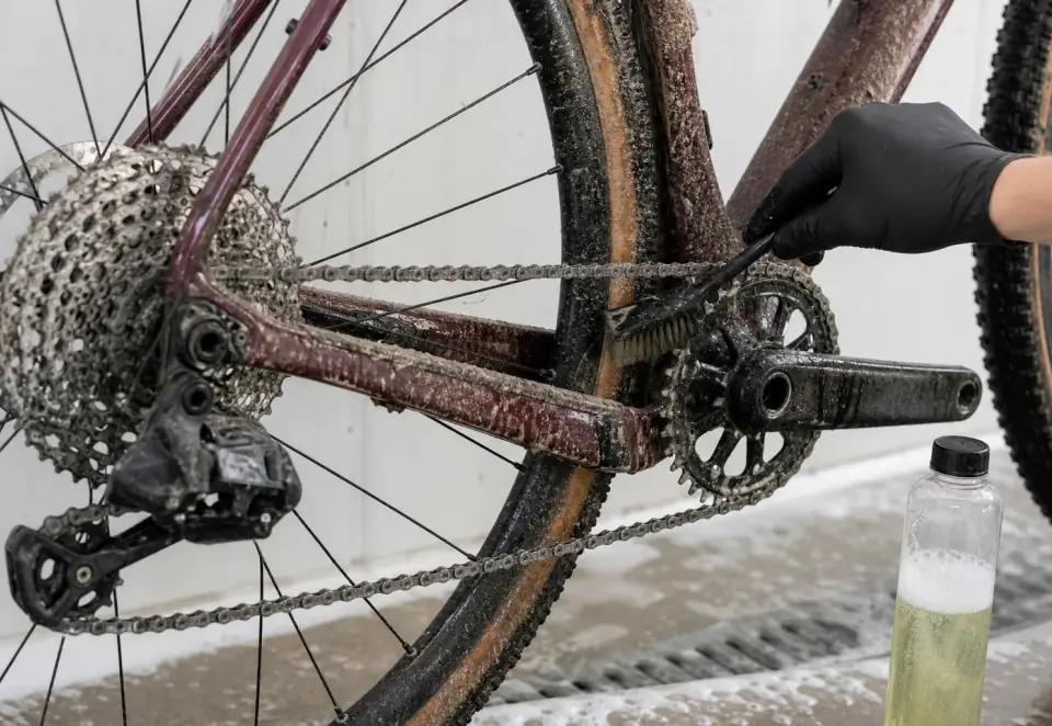 A muddy gravel bike drivetrain being cleaned with a narrow brush