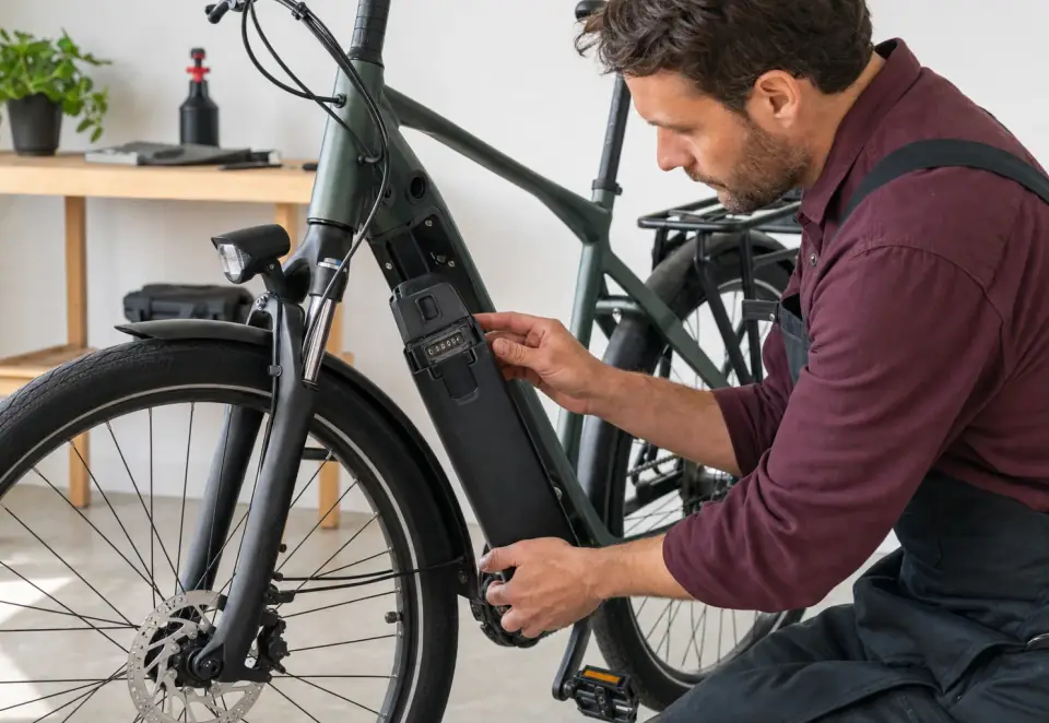 An intact e-bike battery and connector being visually inspected