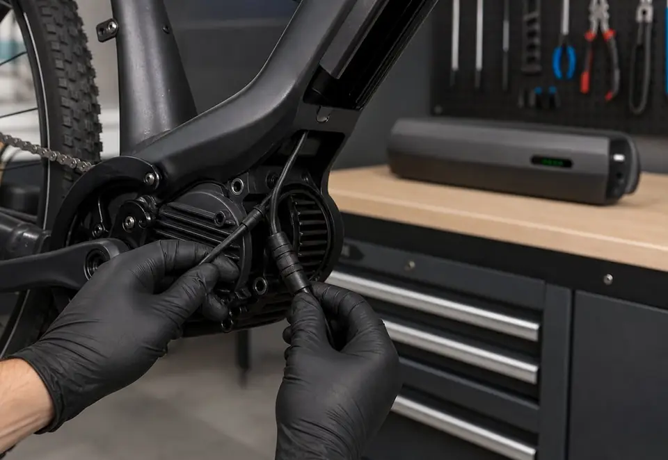 A commuter e-bike with its removable battery being inspected