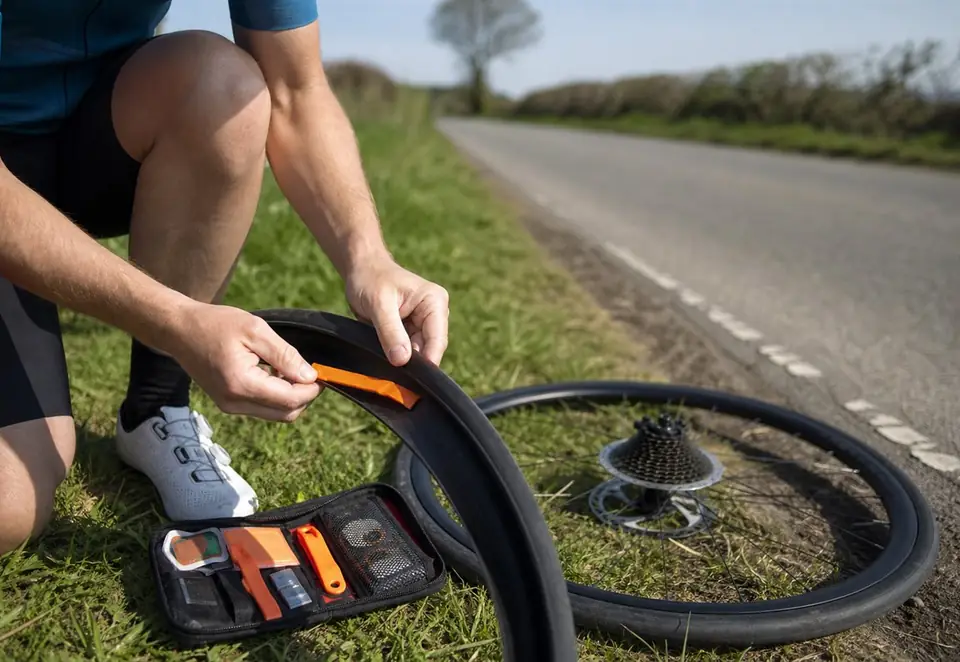 A bicycle tire sidewall being examined closely for damage