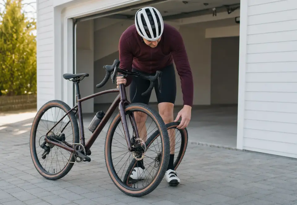 A helmeted cyclist checking a gravel bicycle before a ride