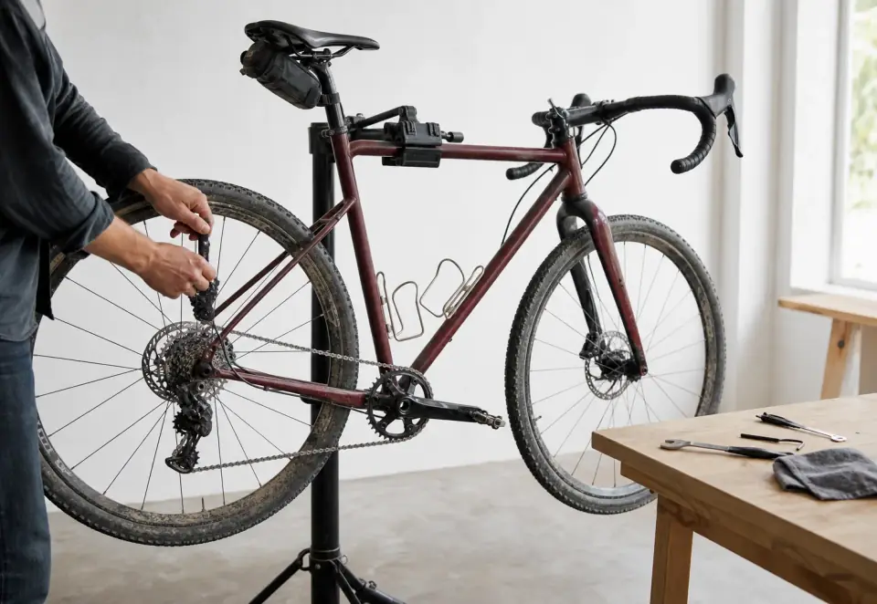 A gravel bicycle being maintained on a repair stand in a bright workshop