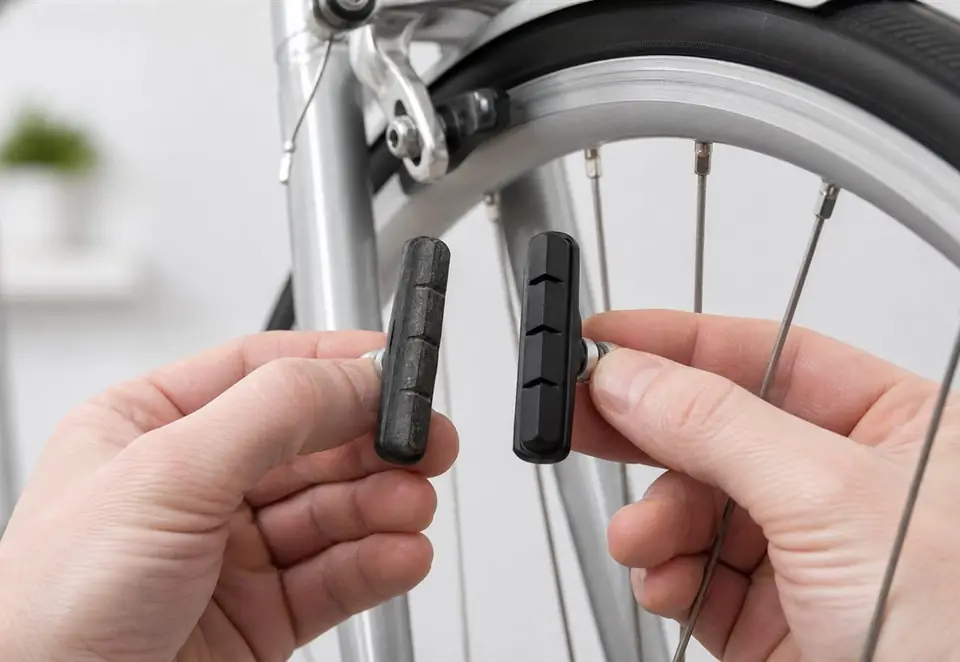 A mechanic using a light to inspect bicycle brake pad material