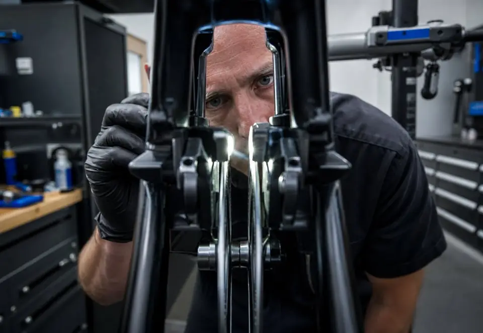 A bicycle disc brake caliper and rotor being inspected