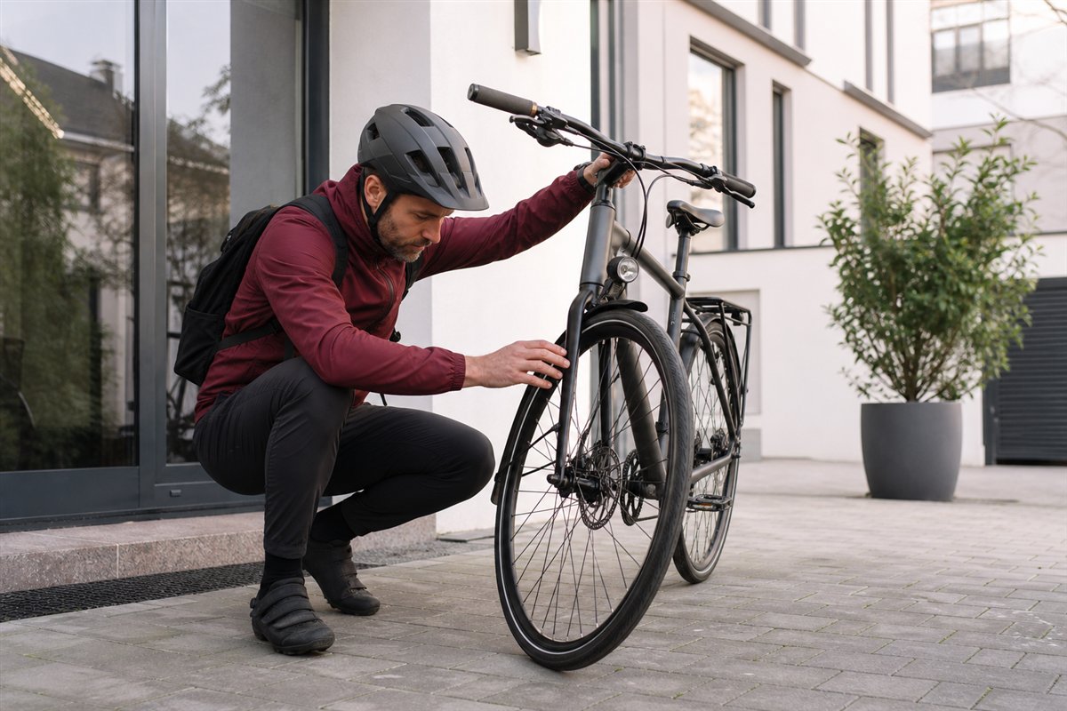 A buyer carefully inspecting a used bicycle in a bright courtyard